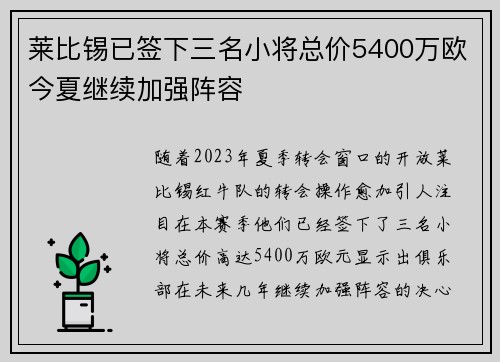 莱比锡已签下三名小将总价5400万欧今夏继续加强阵容