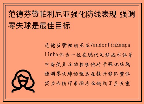 范德芬赞帕利尼亚强化防线表现 强调零失球是最佳目标