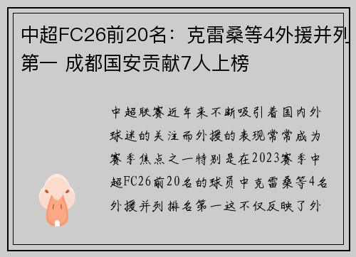 中超FC26前20名：克雷桑等4外援并列第一 成都国安贡献7人上榜