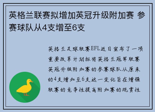 英格兰联赛拟增加英冠升级附加赛 参赛球队从4支增至6支